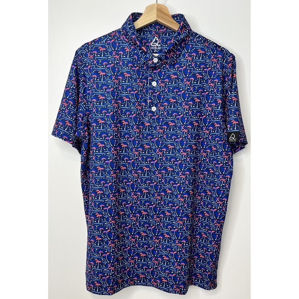 Deolax Golf Polo Shirt Mens Medium Blue Palm Trees AOP Stretch Performance EUC